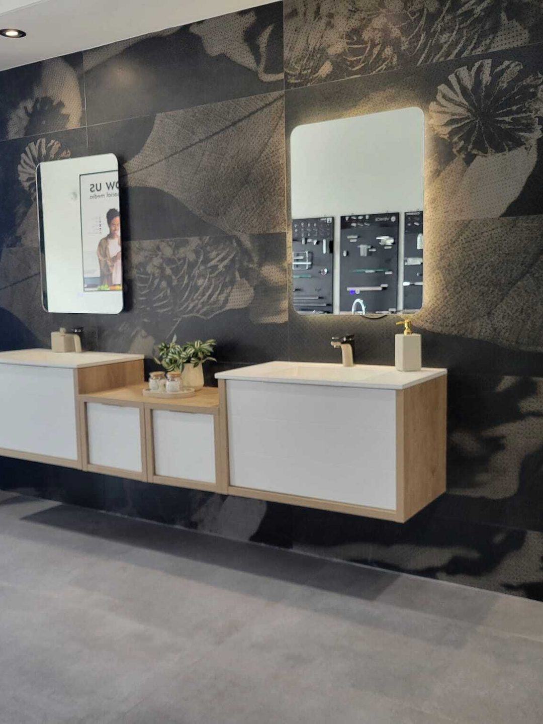 Floating vanity with LED mirrors