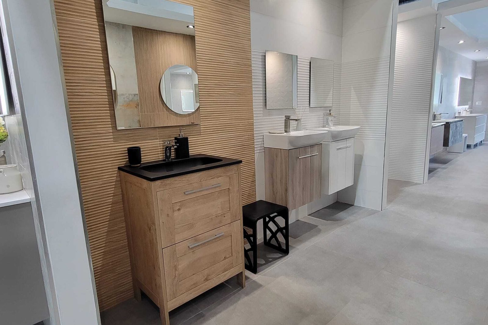 Wood feature wall and double vanity